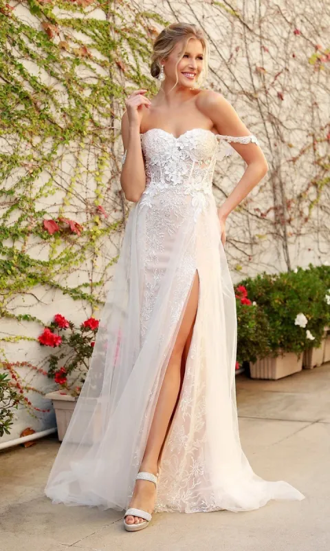 White Embellished Long Lace Prom Dress with Tulle sold by PromGirl