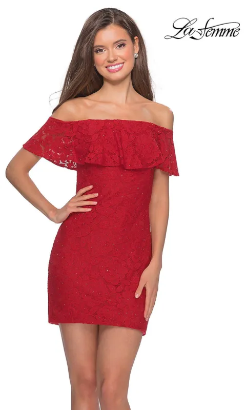 La Femme Beaded Short Lace Homecoming Dress made by La Femme