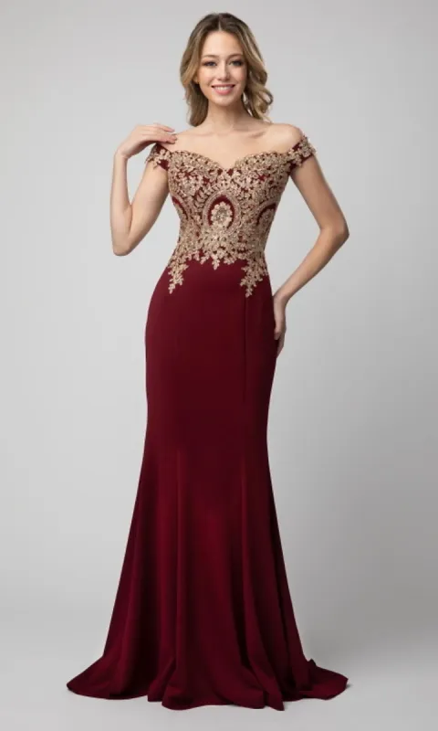 Long Off-the-Shoulder Prom Dress with Embroidery sold by PromGirl