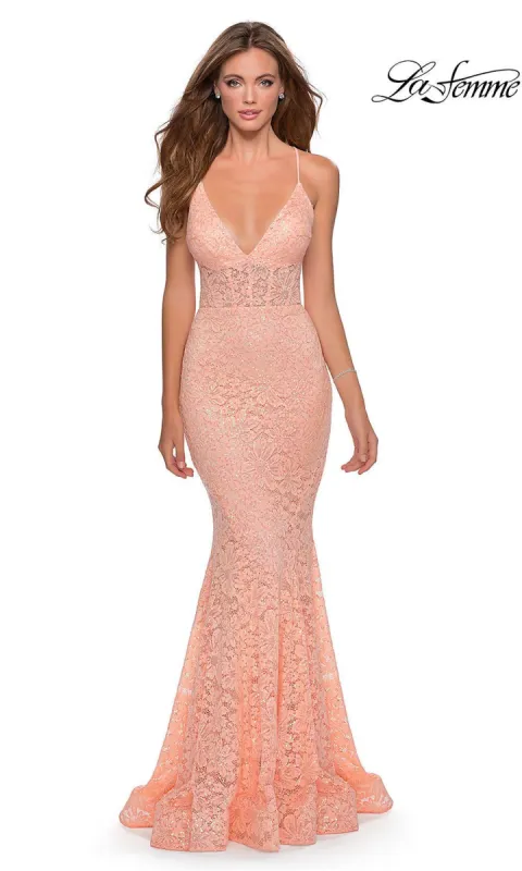 La Femme Sheer-Waist Long Sequin-Lace Prom Dress sold by PromGirl