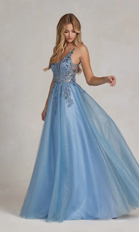 Dusty Blue Shimmer Prom Ball Gown sold by PromGirl