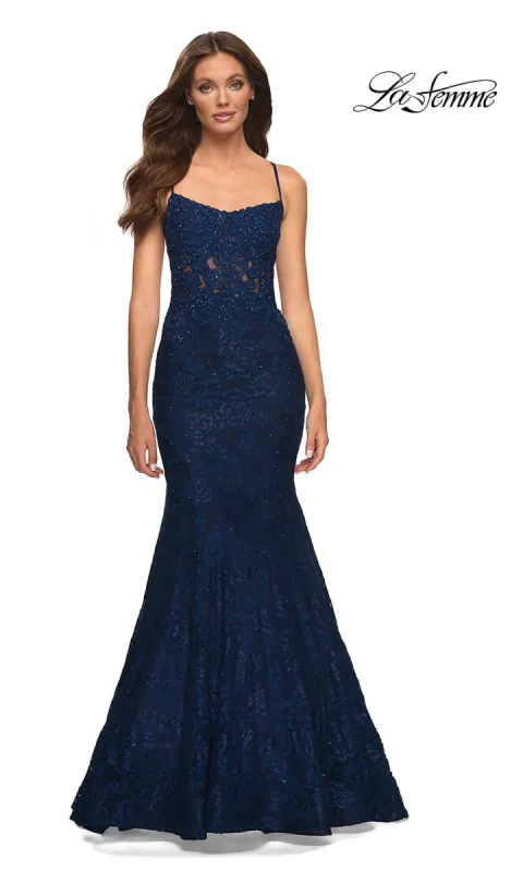 Open-Back Long Lace Mermaid Prom Dress by La Femme sold by PromGirl