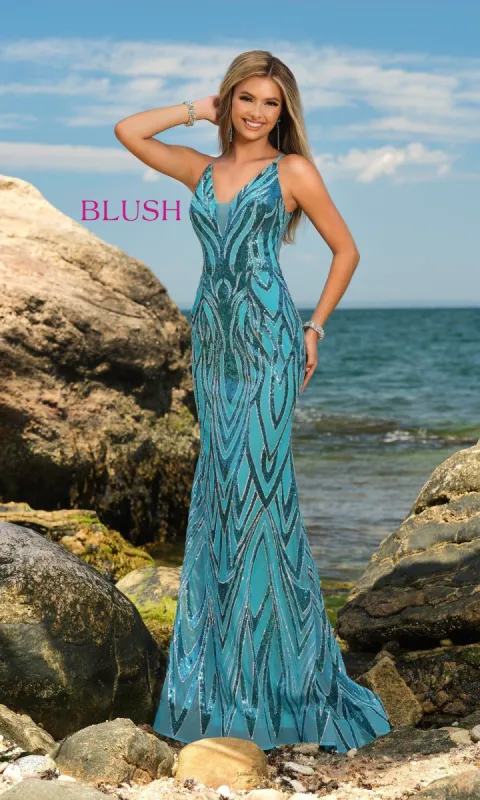 Blush 20507 Long Prom Dress with Sequin Pattern sold by PromGirl