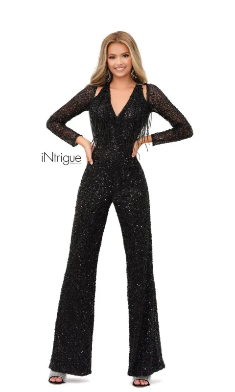 Long-Sleeve Long Black Sequin Jumpsuit with Fringe sold by PromGirl