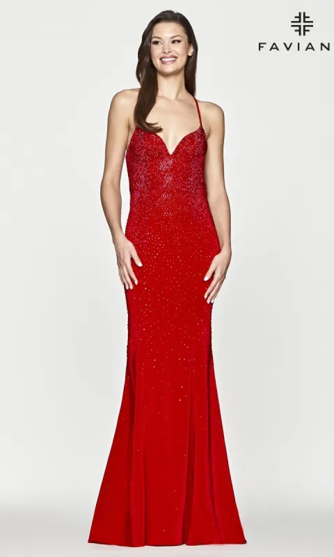 Faviana Embellished Long Satin Prom Dress sold by PromGirl