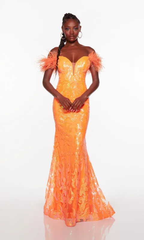 Feathered Off-the-Shoulder Long Sequin Prom Dress sold by PromGirl