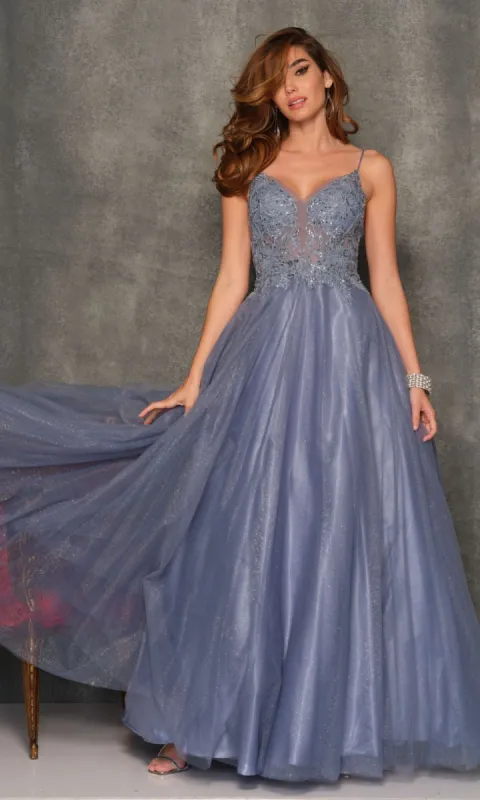Dave & Johnny Smoke Blue Long Prom Ball Gown sold by PromGirl