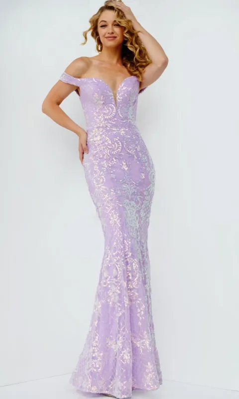 Off-the-Shoulder V-Neck Prom Dress with Sequin Print sold by PromGirl