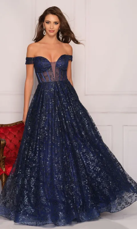 Off-Shoulder Navy Blue Prom Dress by Dave & Johnny sold by PromGirl