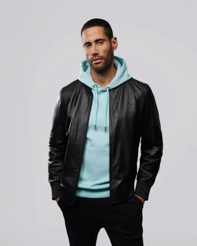 MENS OUTLINE LINED LEATHER BOMBER JACKET - B6J659X1LE sold by Psycho Bunny