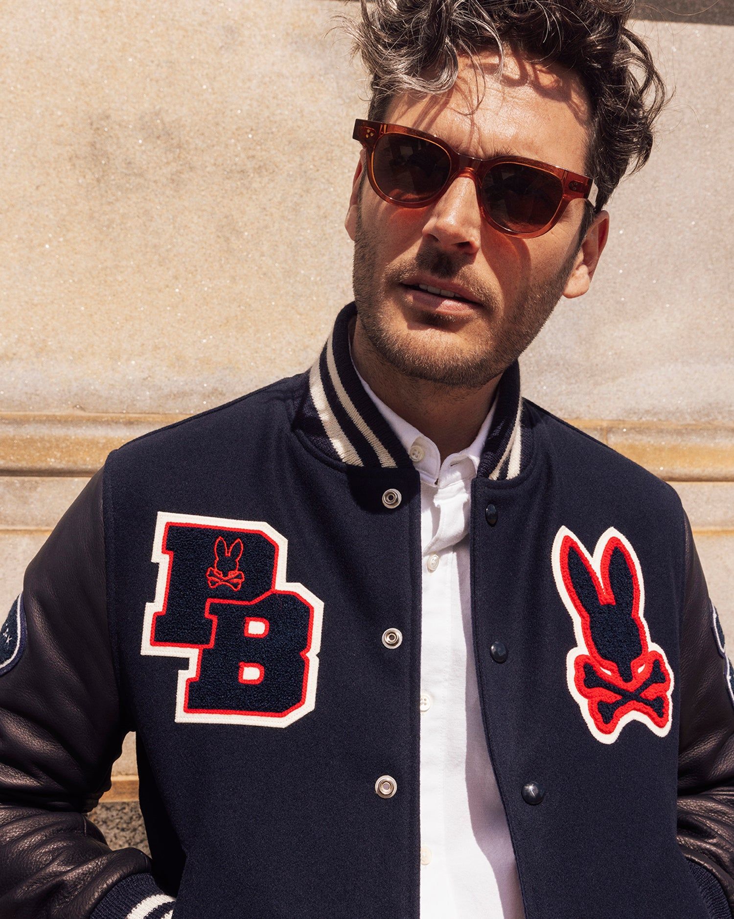 MENS PB X GOLDEN BEAR VARSITY LEATHER EMBROIDERED JACKET