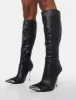 Finery Black Pu Metal Toe Capped Zip Up Knee High Stiletto Boots sold by Public Desire