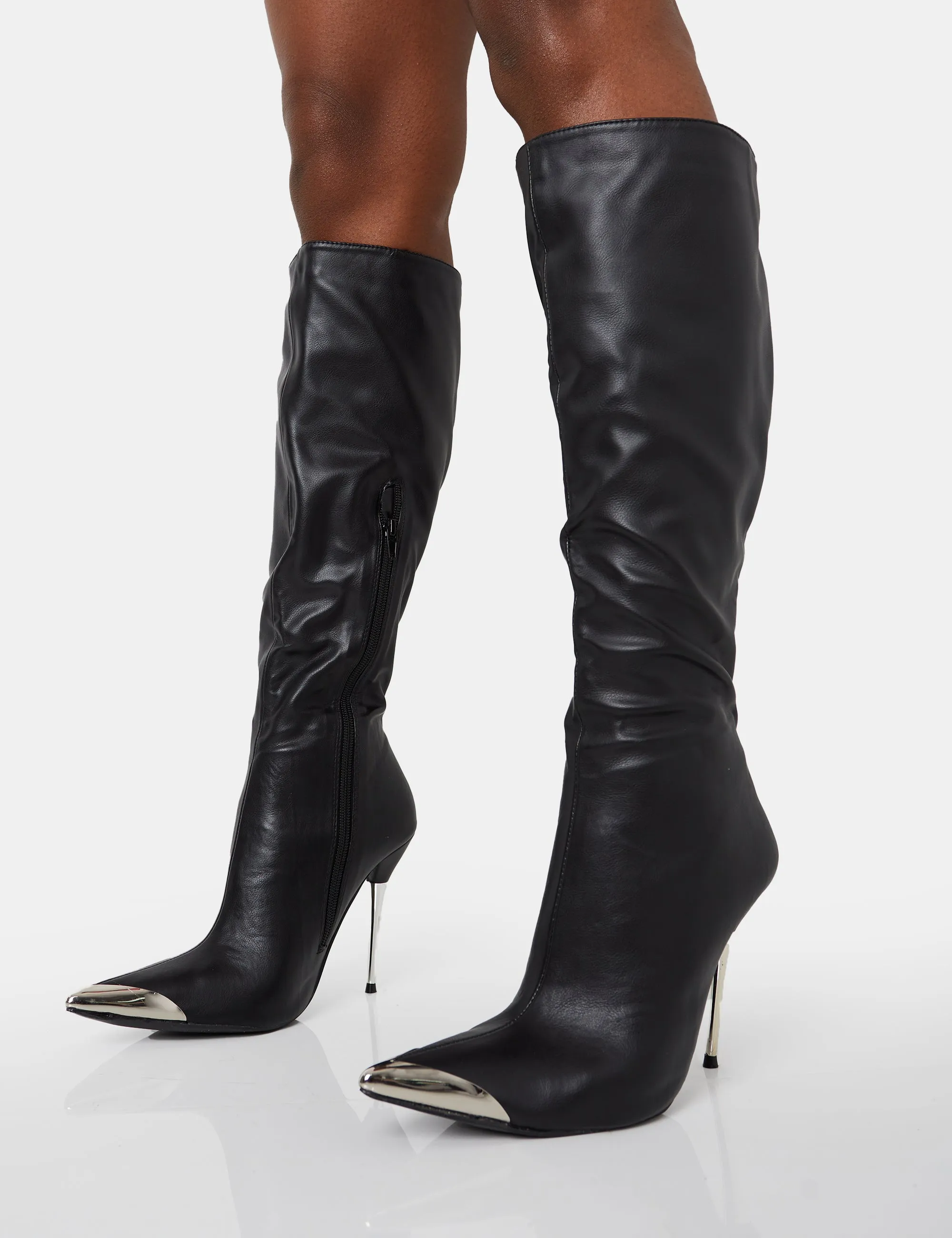 Finery Black Pu Metal Toe Capped Zip Up Knee High Stiletto Boots sold by Public Desire product image thumbnail 3
