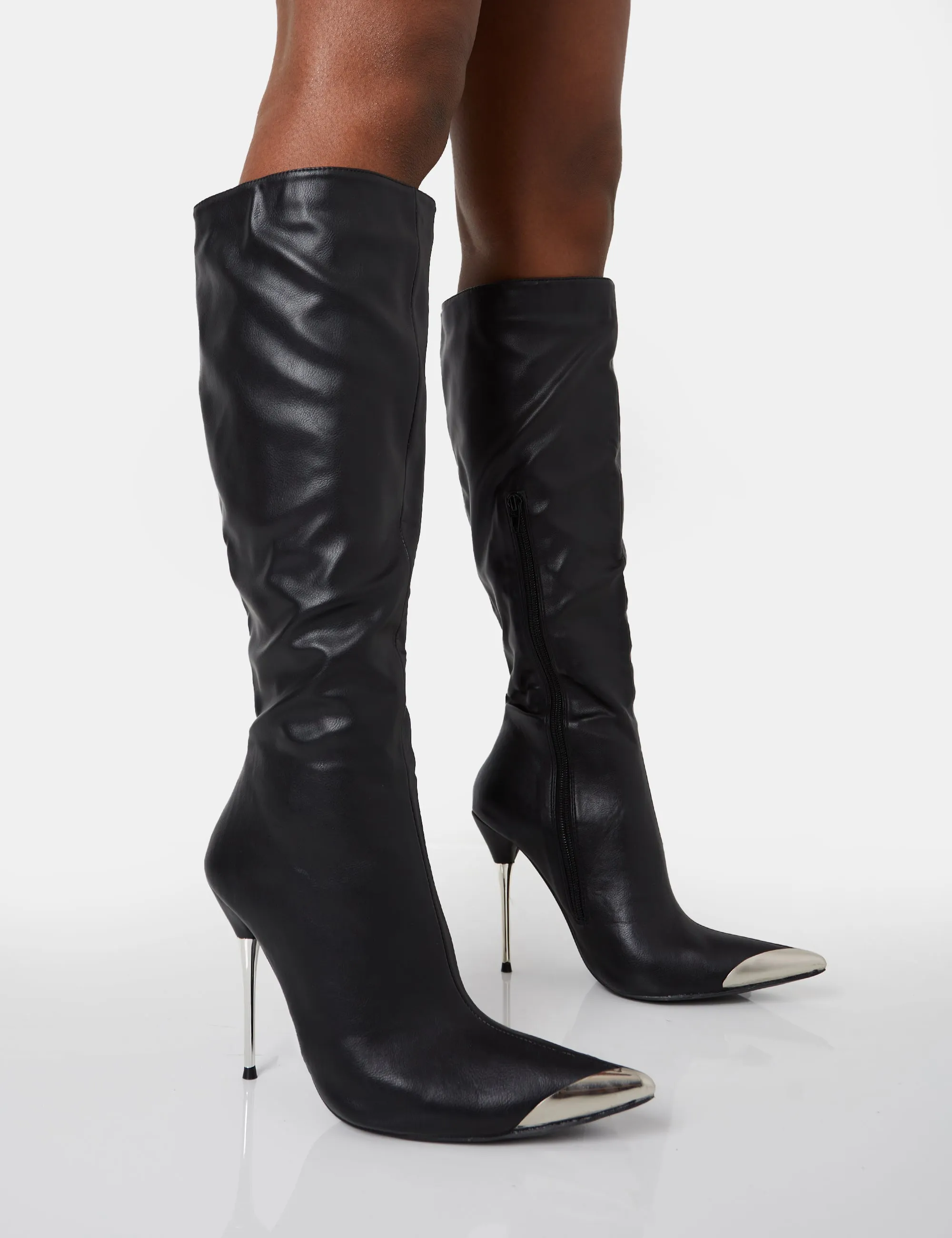 Finery Black Pu Metal Toe Capped Zip Up Knee High Stiletto Boots sold by Public Desire