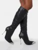 Finery Black Pu Metal Toe Capped Zip Up Knee High Stiletto Boots sold by Public Desire