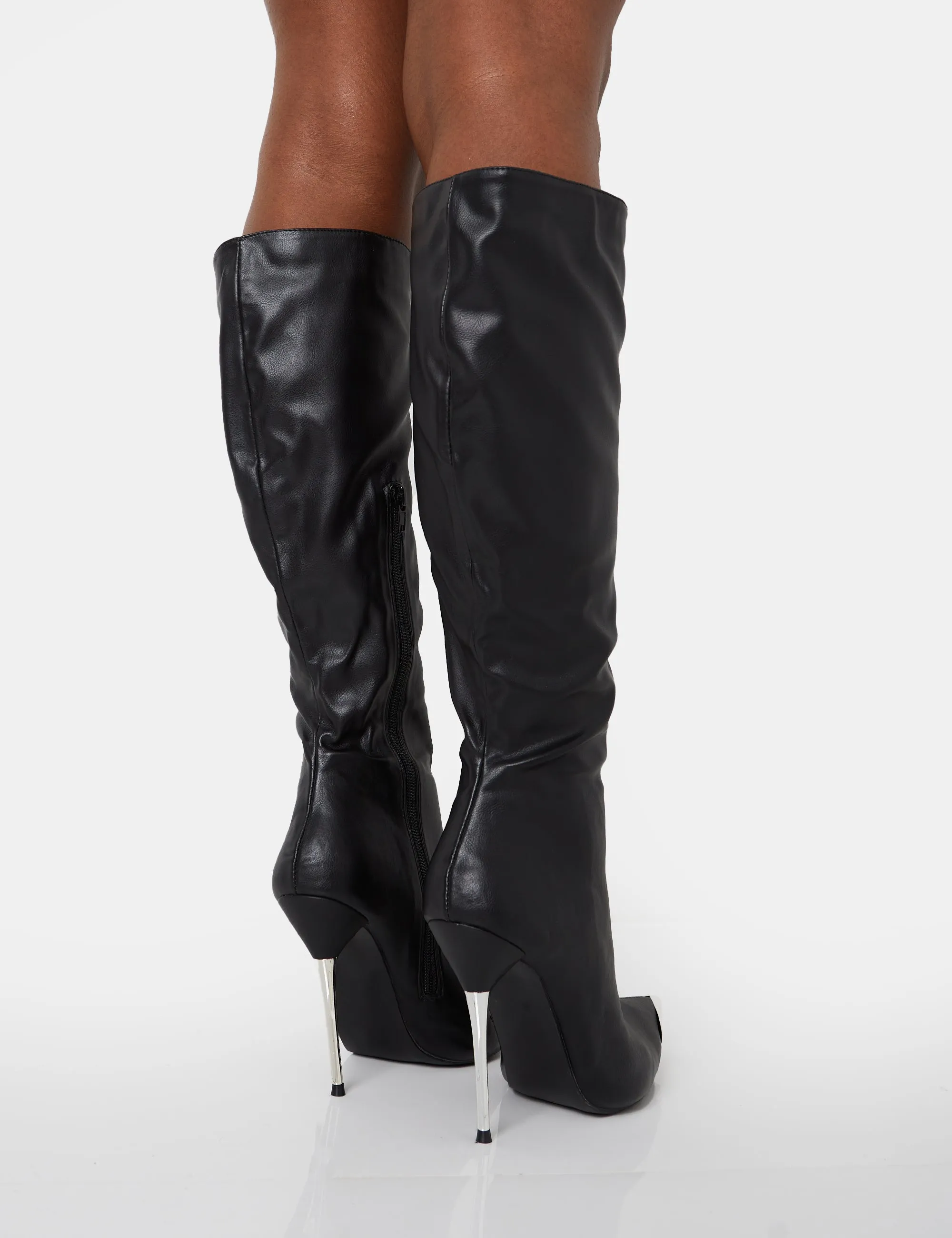 Finery Black Pu Metal Toe Capped Zip Up Knee High Stiletto Boots sold by Public Desire product image thumbnail 4