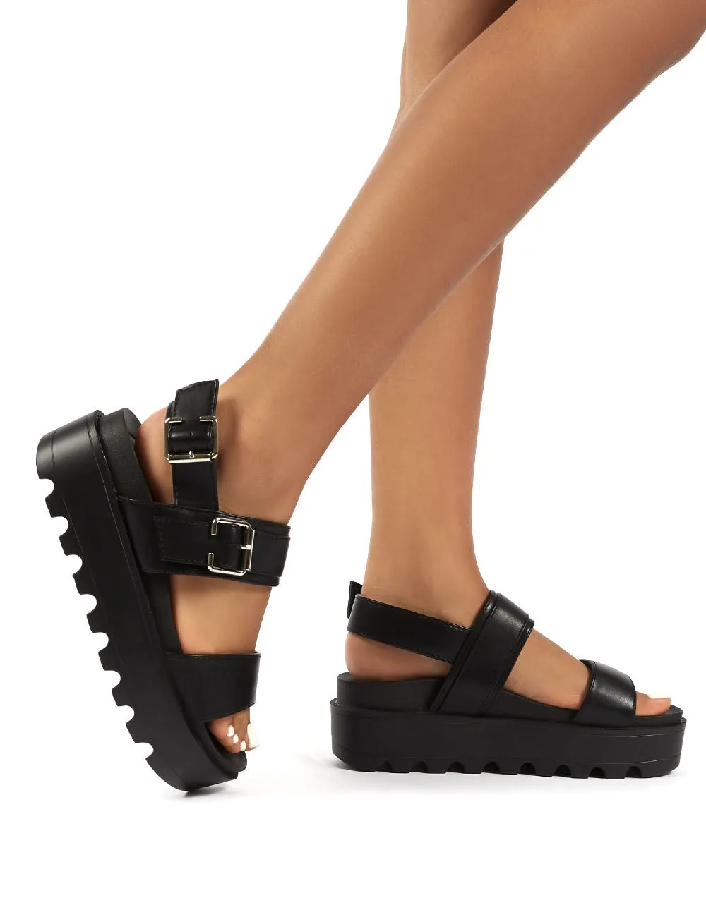Razor Black PU Strappy Buckle Platform Sandals sold by Public Desire