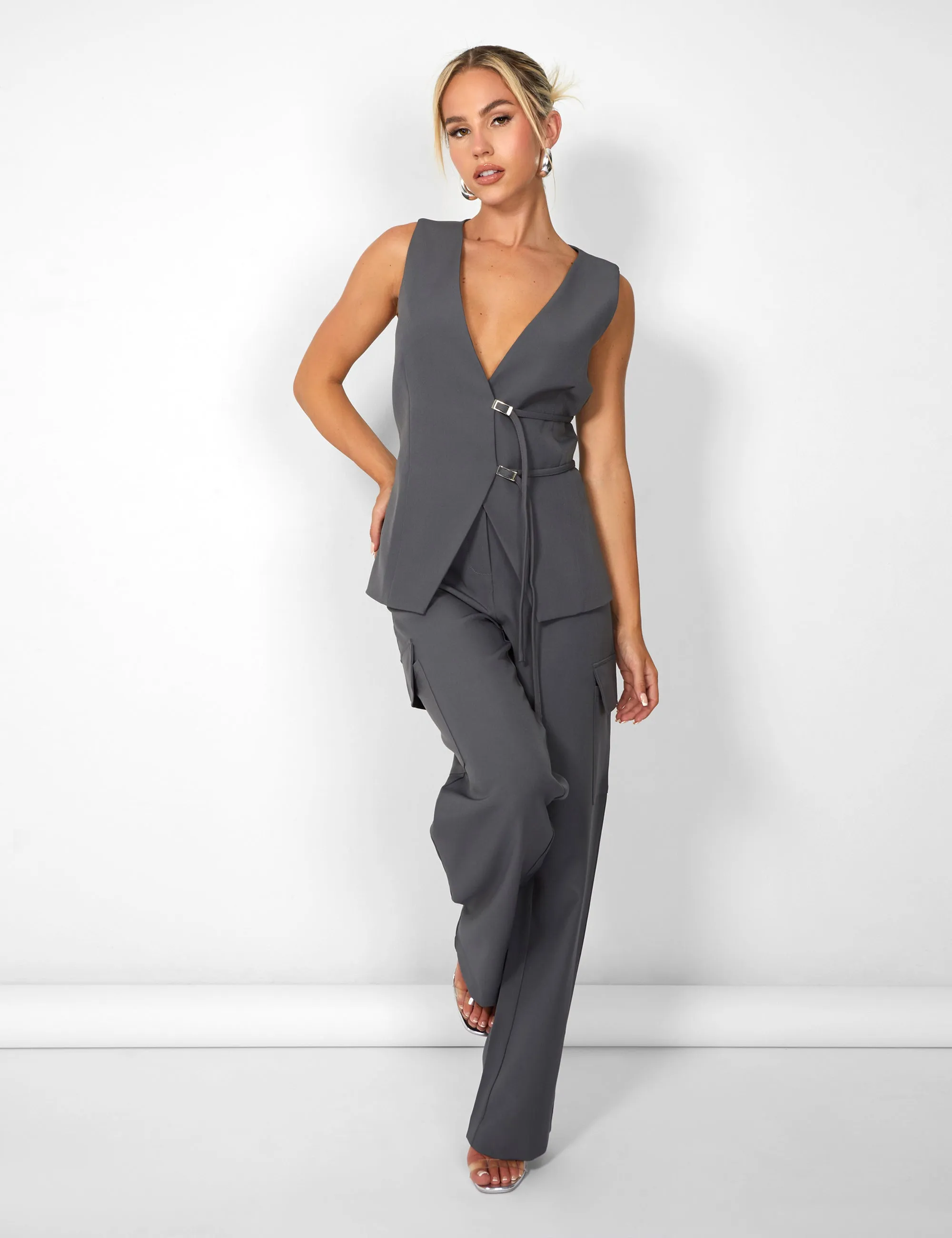 Kaiia Wide Leg Cargo Trousers in Charcoal Grey sold by Public Desire product image thumbnail 2