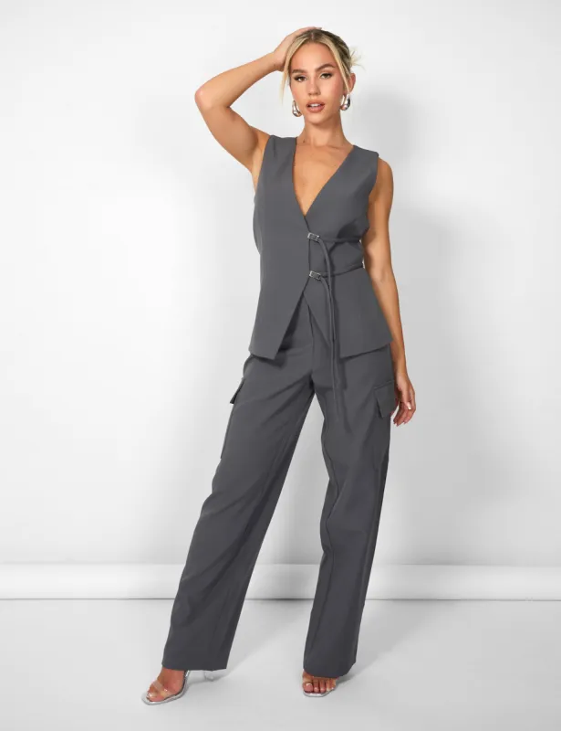 Kaiia Wide Leg Cargo Trousers in Charcoal Grey sold by Public Desire