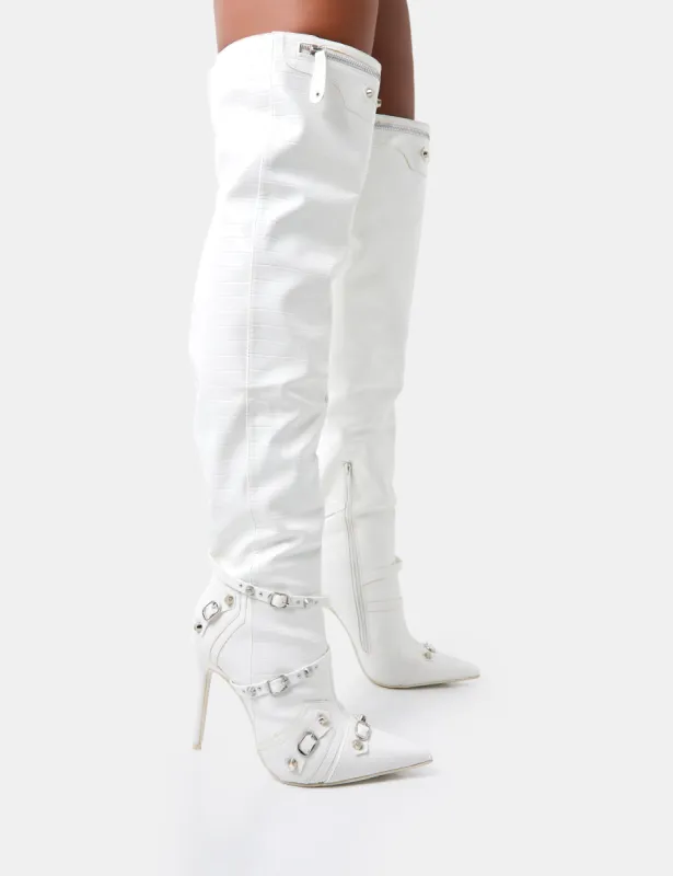 Kodak White Croc Pointed Toe Zip Detail Over The Knee Boots sold by Public Desire