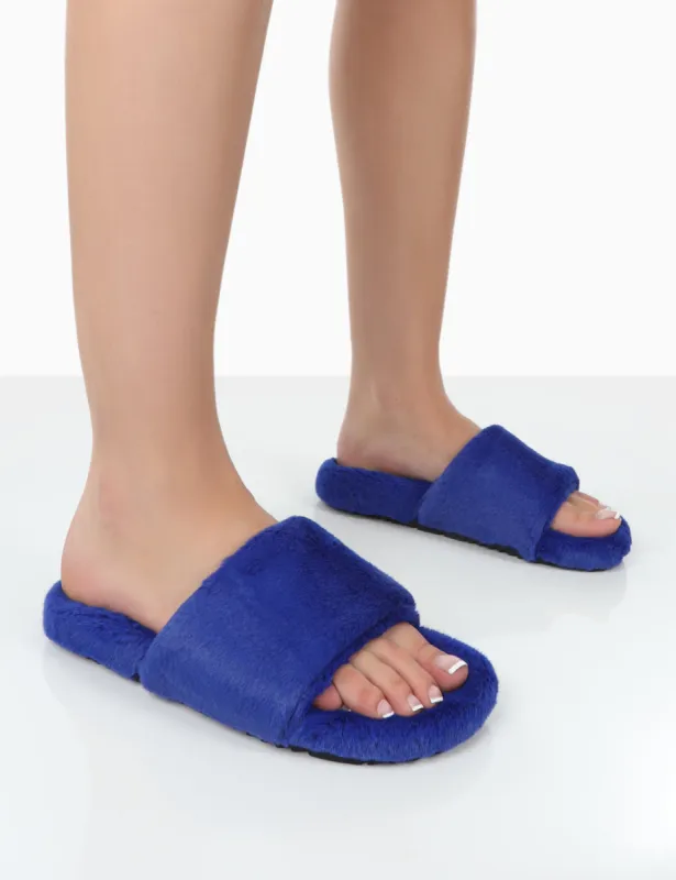 Namaste Blue Fluffy Faux Fur Slippers sold by Public Desire