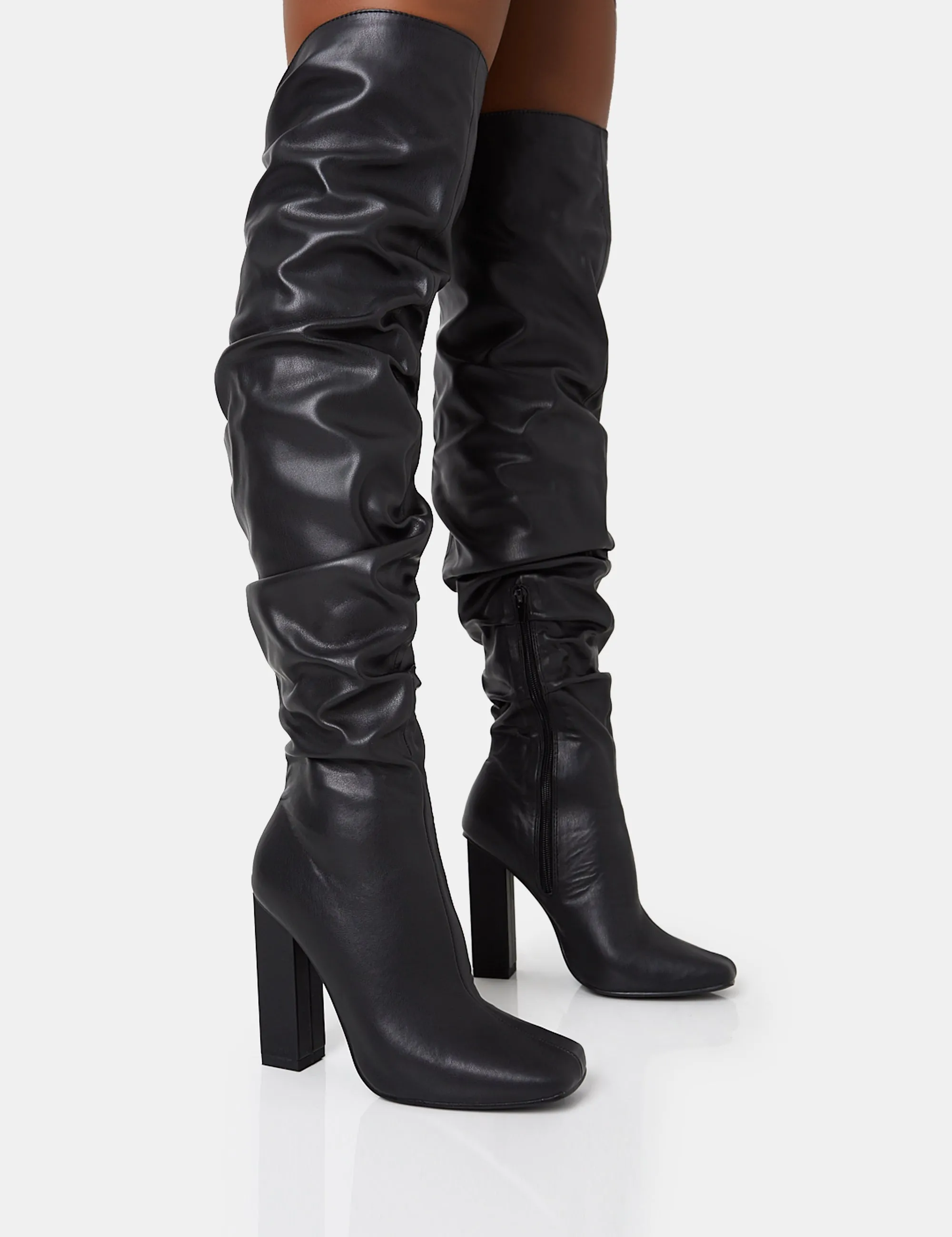 Cassia Black Square Toe Block Heel Over The Knee Boots sold by Public Desire