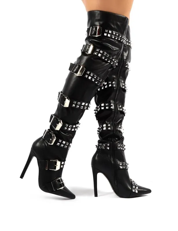 Seethe Black Studded Buckles Over the Knee Boots sold by Public Desire