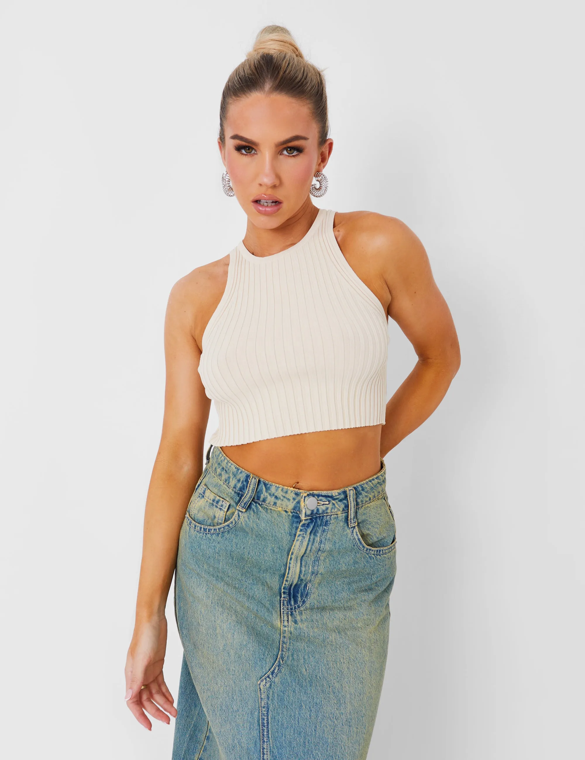 Knitted Ribbed Racer Top Beige sold by Public Desire