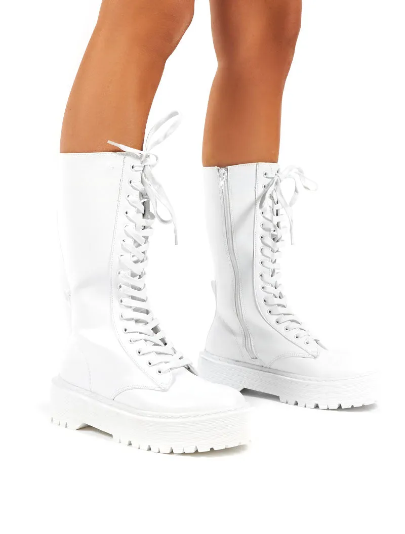 Kendall White PU Lace Up Chunky Knee High Boots sold by Public Desire