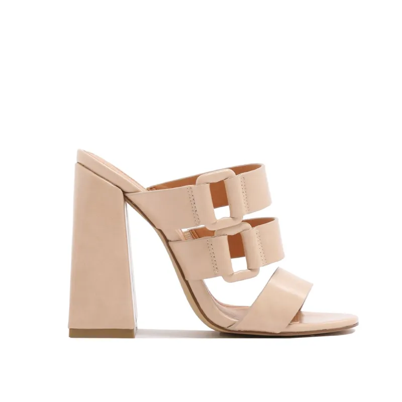 Jersey Triple Strap Flared Block Heel Mules in Nude sold by Public Desire