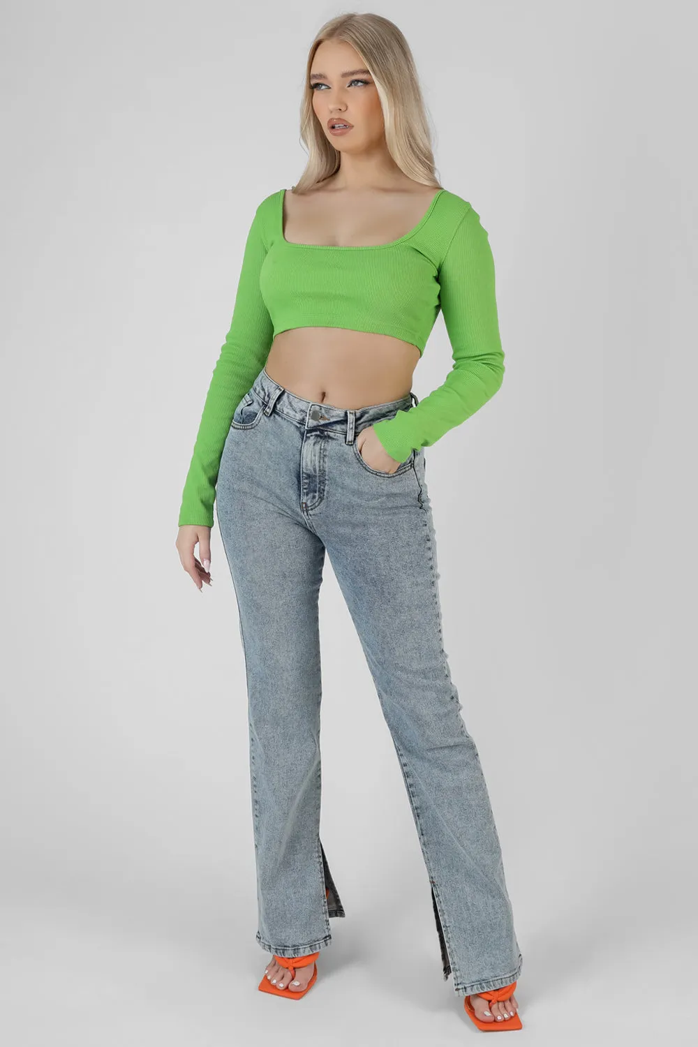 Long Sleeve Square Neck Crop Top Green sold by Public Desire