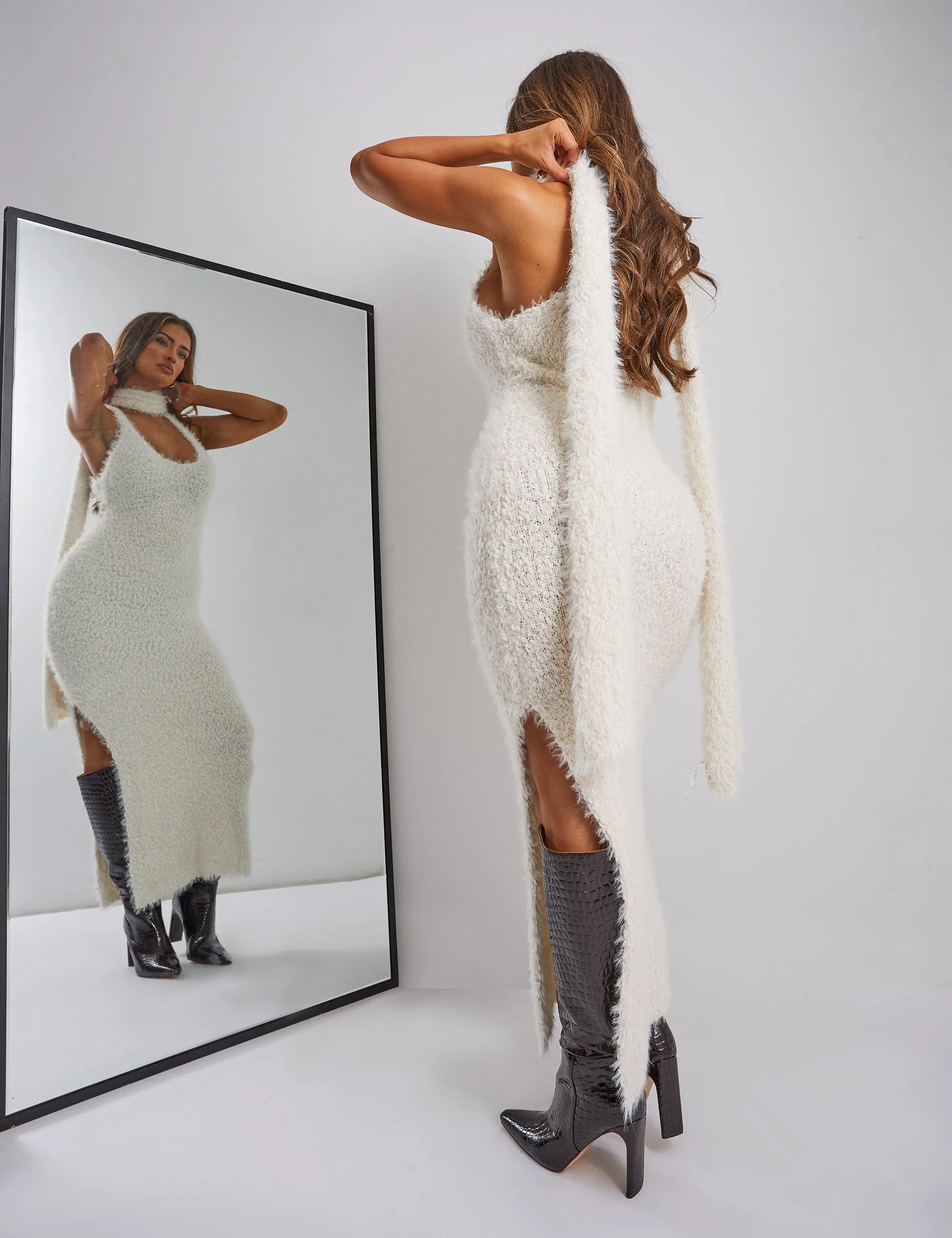 Kaiia Boucle Knitted Maxi Dress With Skinny Scarf in Cream sold by Public Desire product image thumbnail 4
