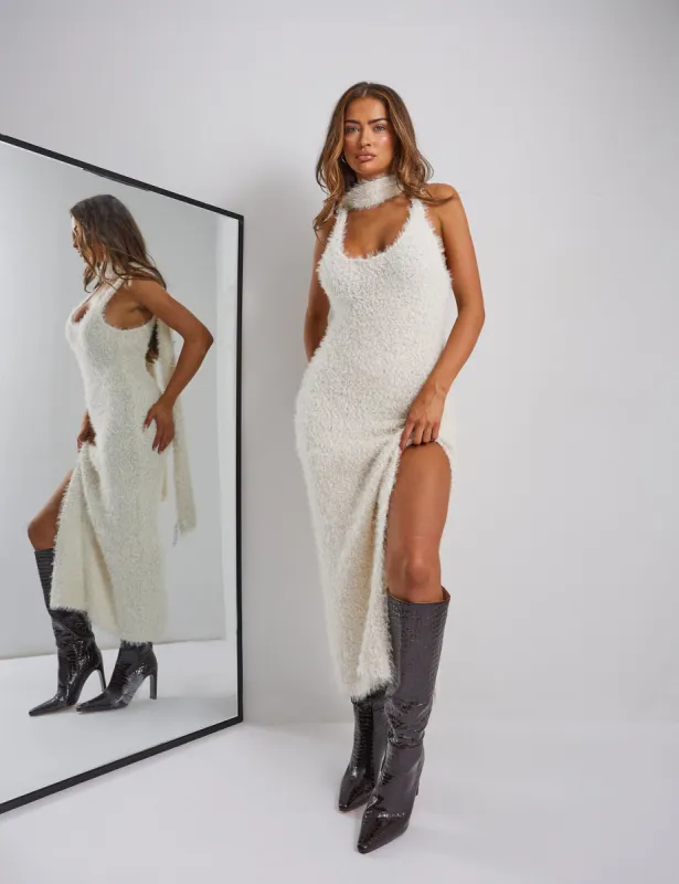 Kaiia Boucle Knitted Maxi Dress With Skinny Scarf in Cream made by Public Desire