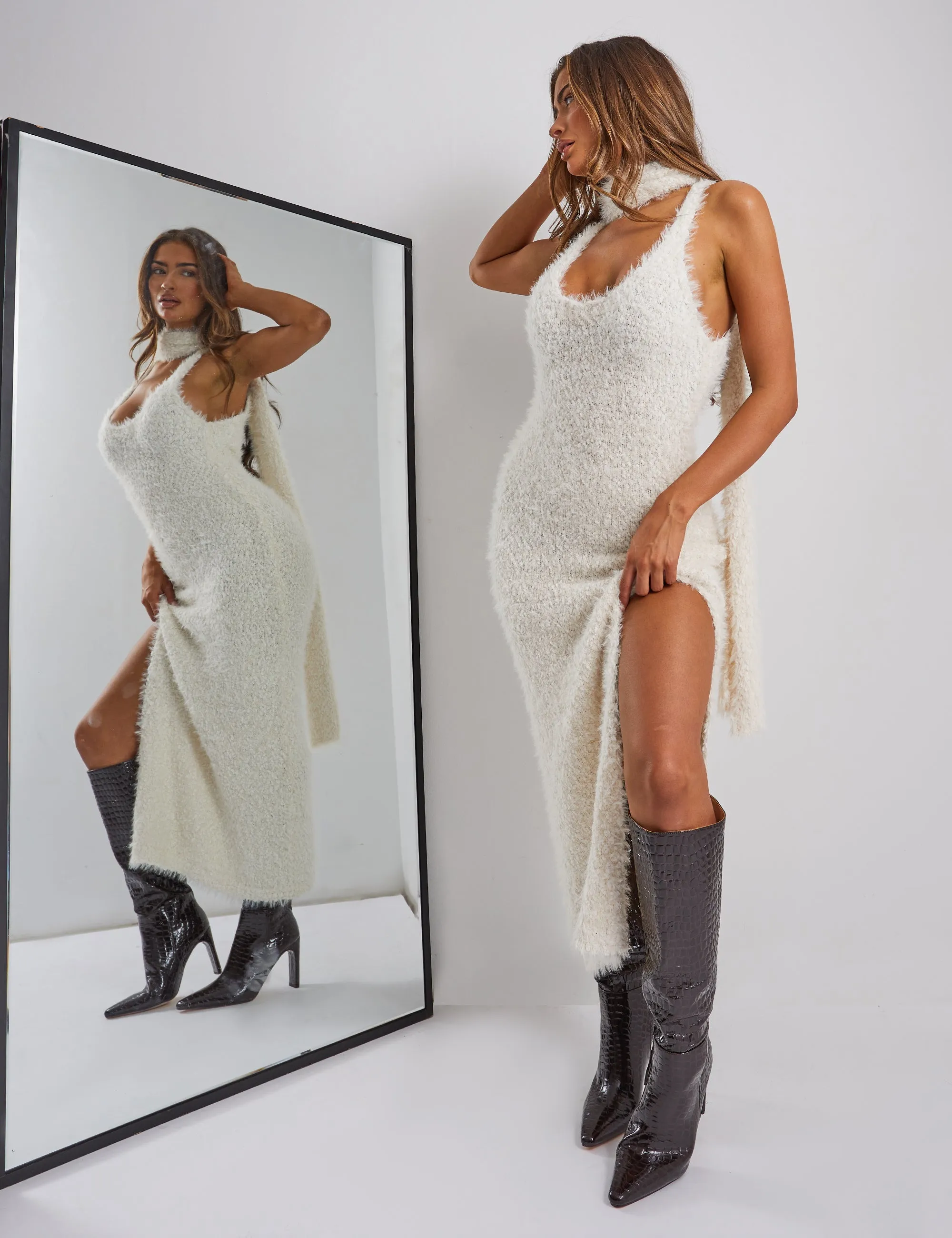 Kaiia Boucle Knitted Maxi Dress With Skinny Scarf in Cream sold by Public Desire product image thumbnail 3