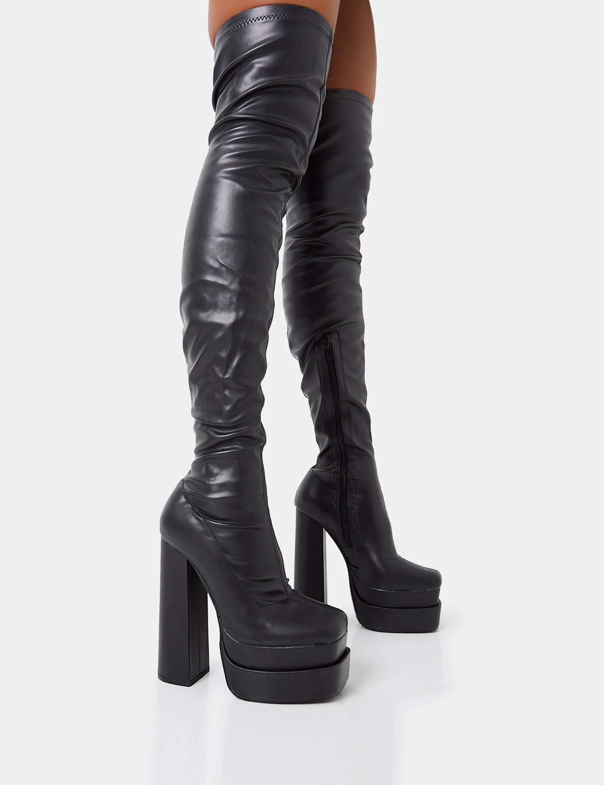Identity Black Grain Pu Platform Heel Over The Knee Boots sold by Public Desire
