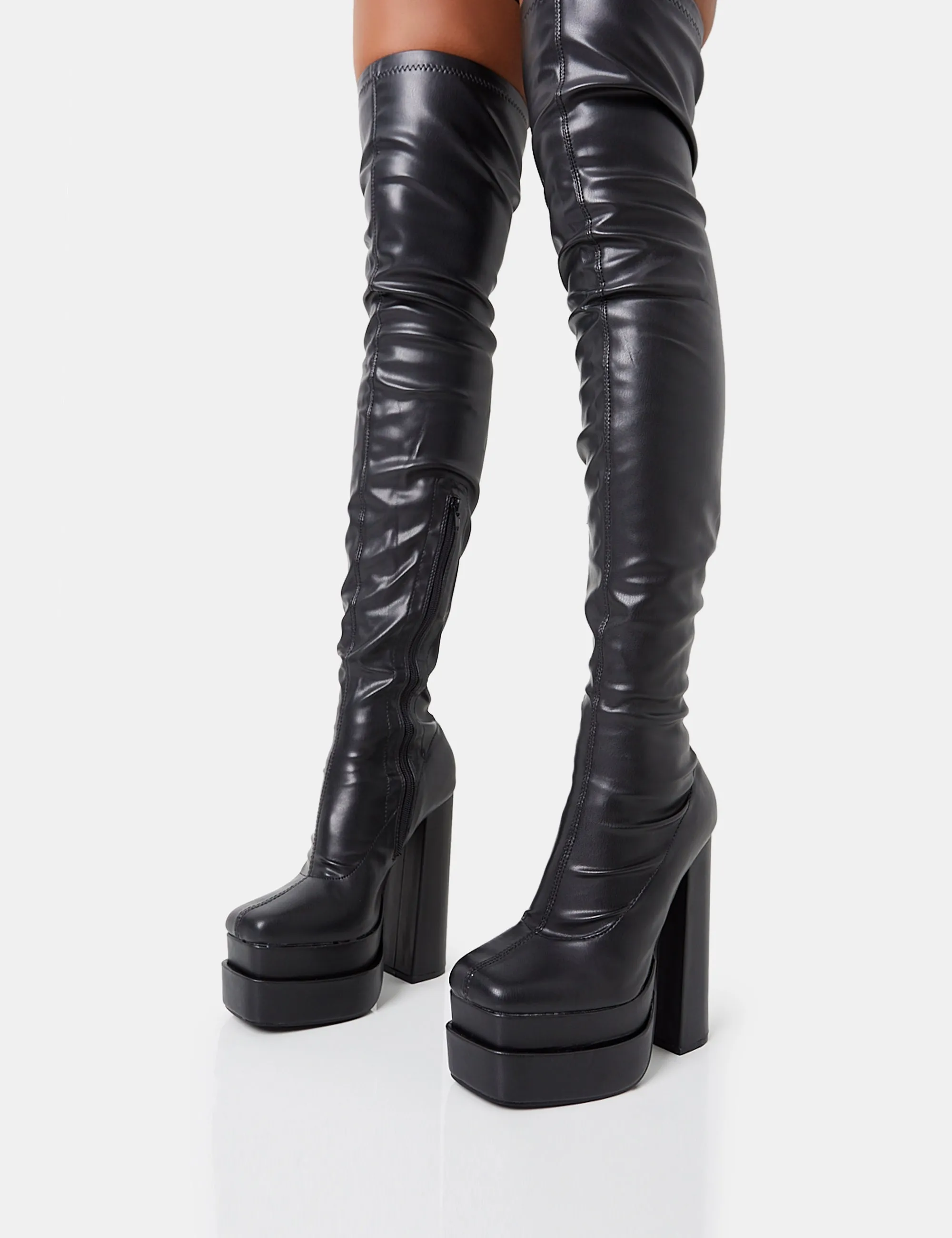 Identity Black Grain Pu Platform Heel Over The Knee Boots sold by Public Desire product image thumbnail 3