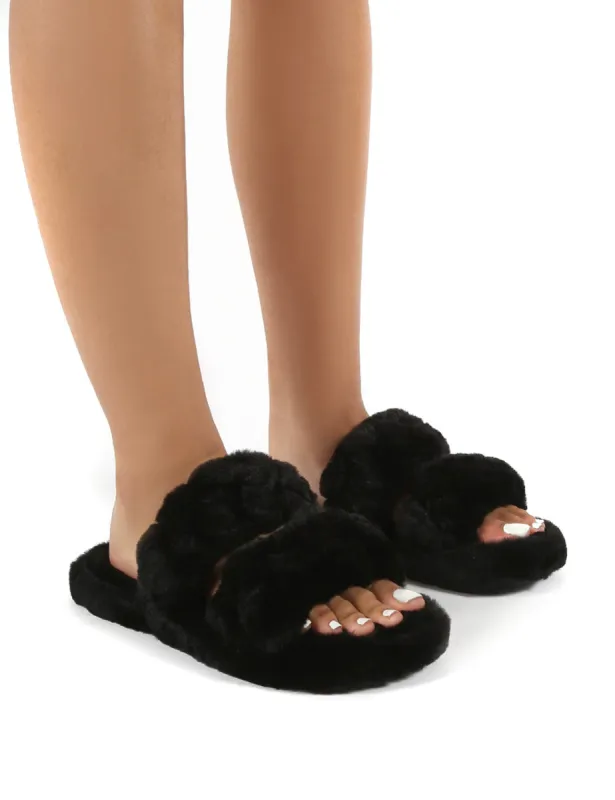 Minky Black Fluffy Double Strap Slippers sold by Public Desire