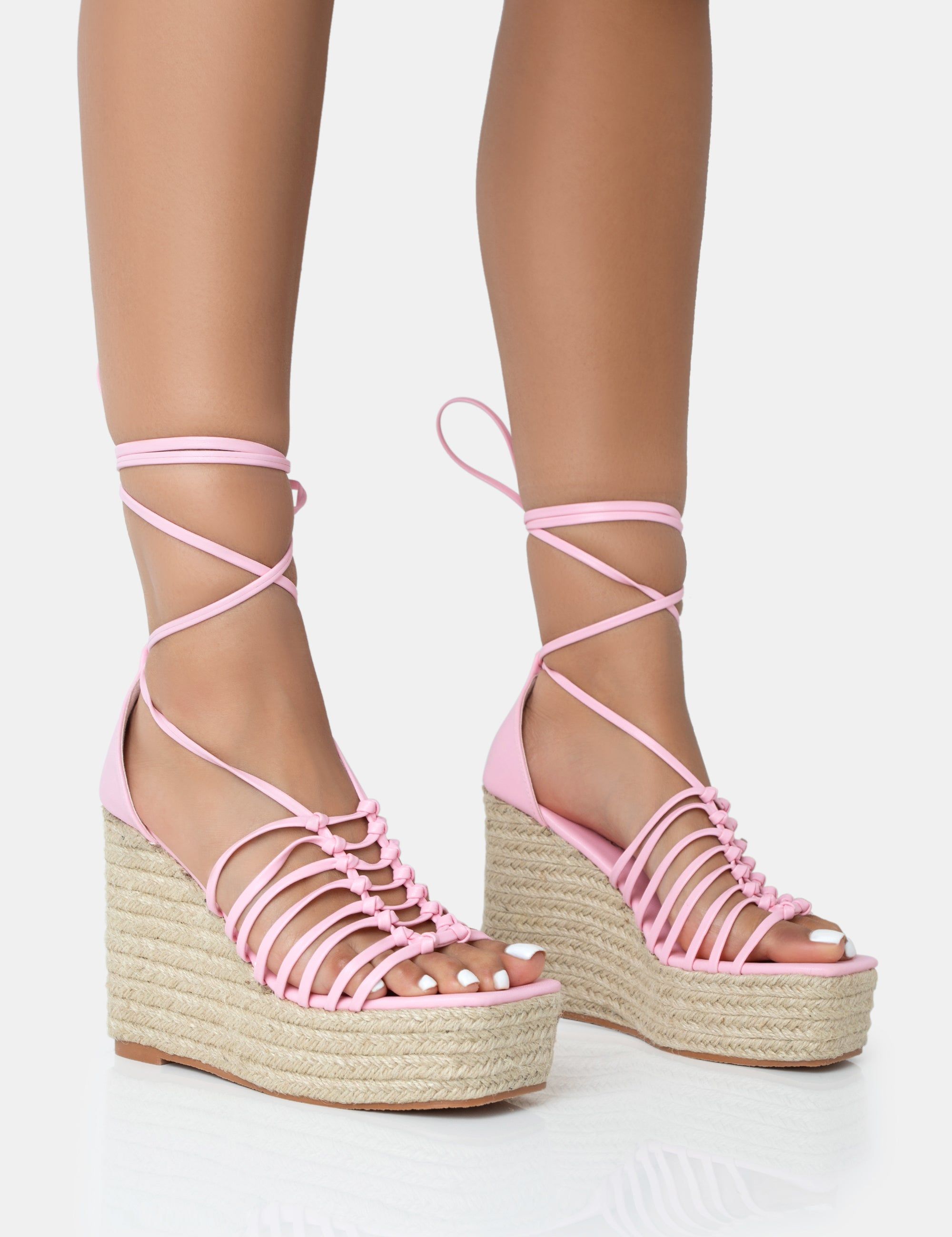 Reece Baby Pink PU Knot Strap Lace Up Raffia Wedge Heels sold by Public Desire