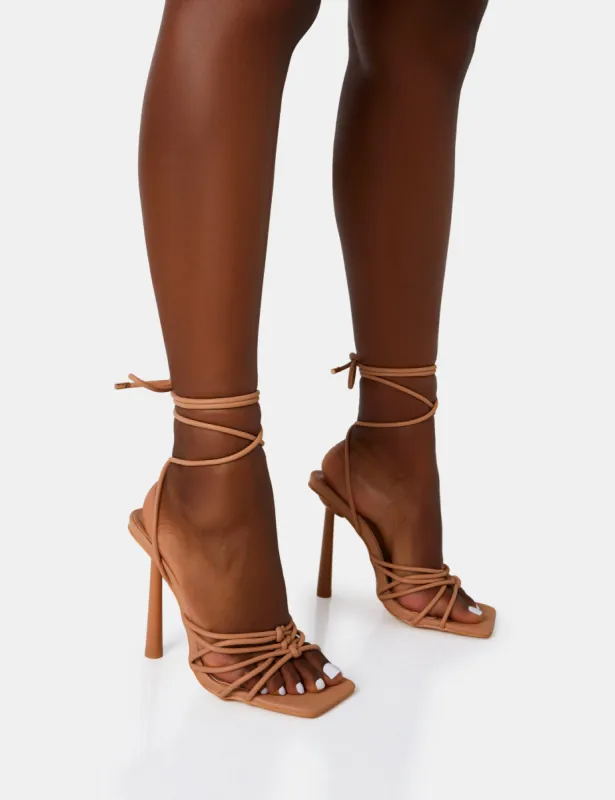 Glow Up Wide Fit Nude PU Knotted Strappy Lace Up Square Stiletto Heels sold by Public Desire