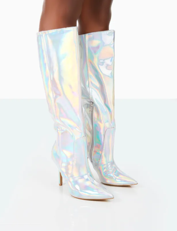 Best Believe Holographic PU Pointed Toe Stiletto Heeled Knee High Boots sold by Public Desire