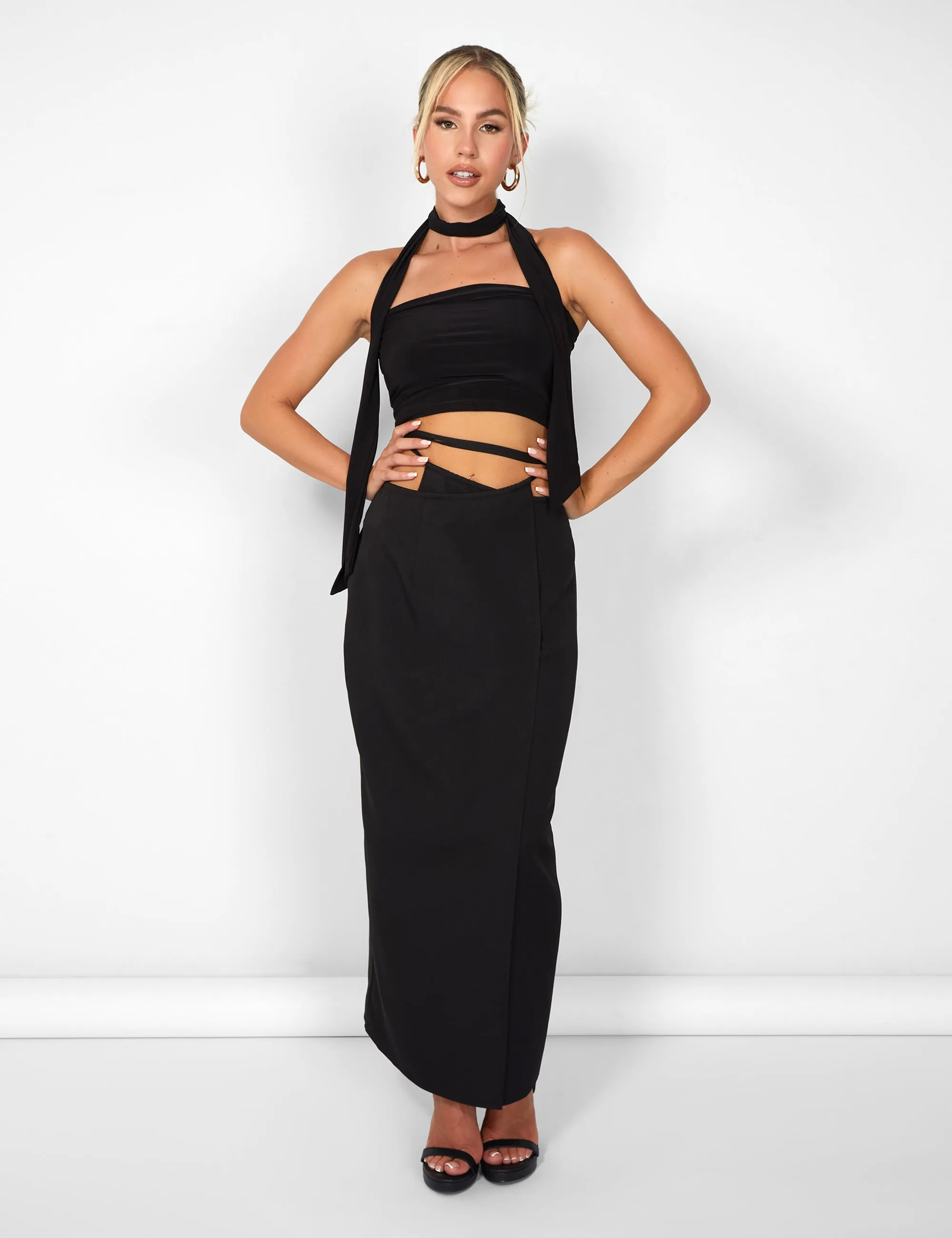 Kaiia Wrap Tie Side Maxi Skirt in Black sold by Public Desire product image thumbnail 2