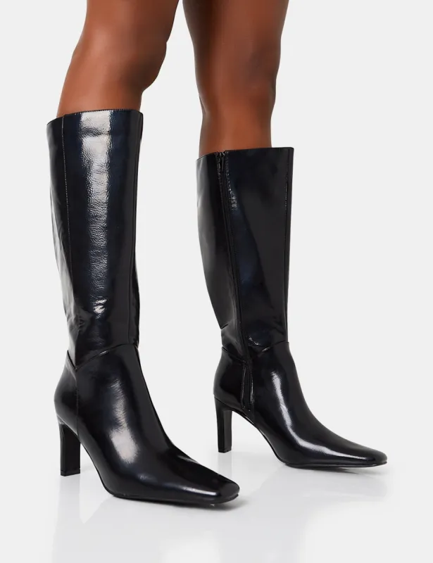 Pose Wide Fit Black Textured Zip Up Knee High Slim Block Heeled Boots sold by Public Desire