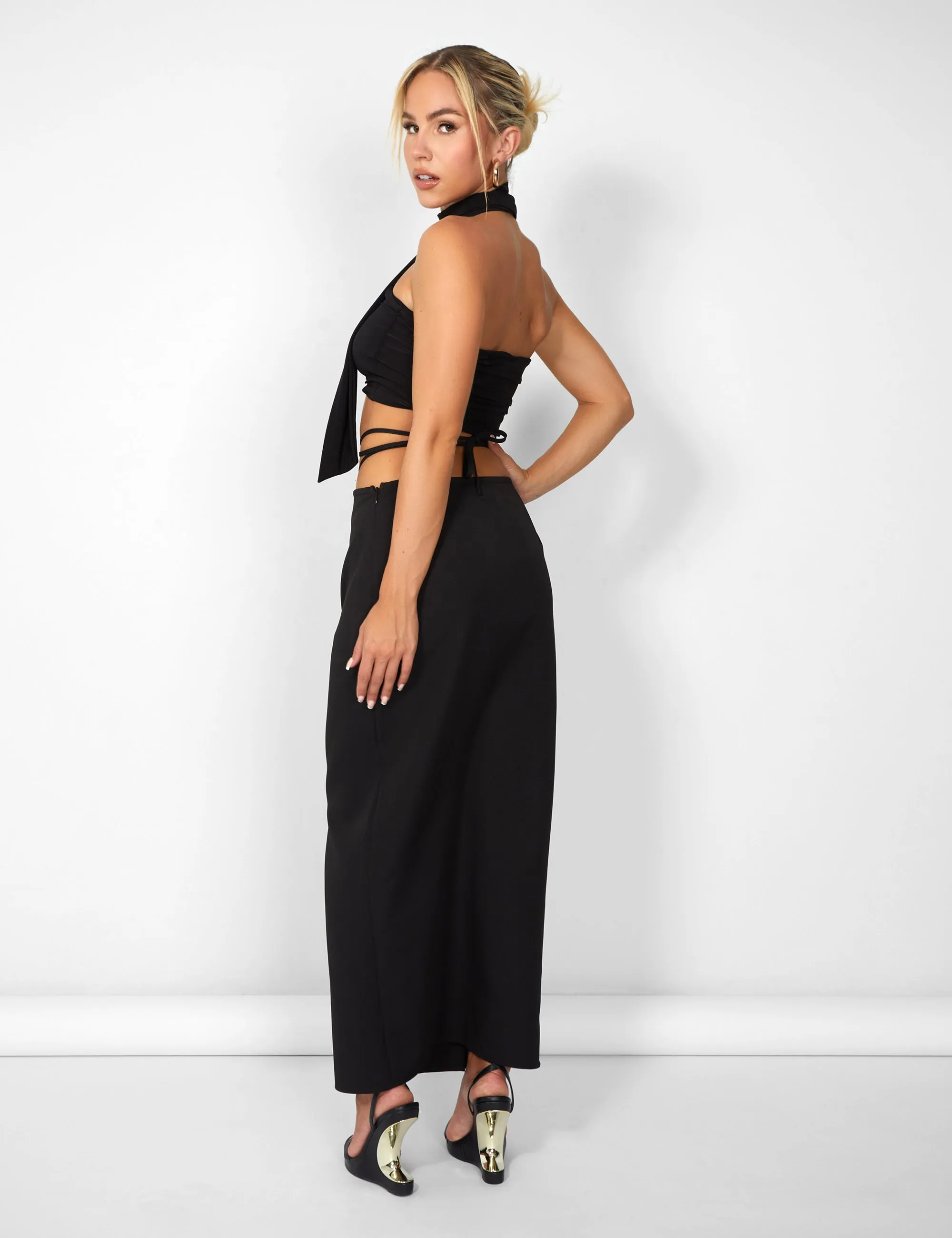 Public Desire Kaiia Wrap Tie Side Maxi Skirt in Black Parallel