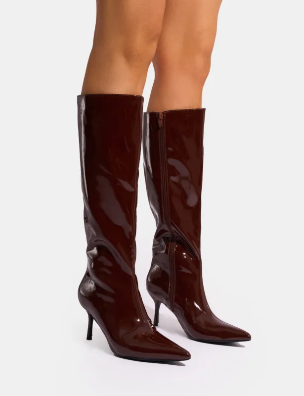 Amped Chocolate Patent Pointed Toe Mid Heel Knee High Boots sold by Public Desire