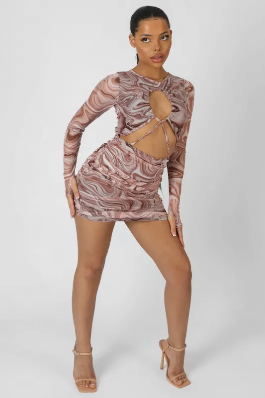 Printed Mesh Cut Out Ruched Mini Dress Brown sold by Public Desire