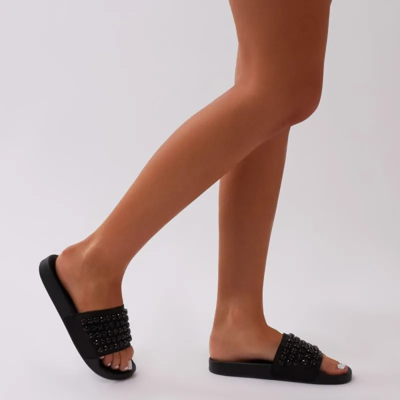 Bounce Black Diamante Sliders in Black sold by Public Desire