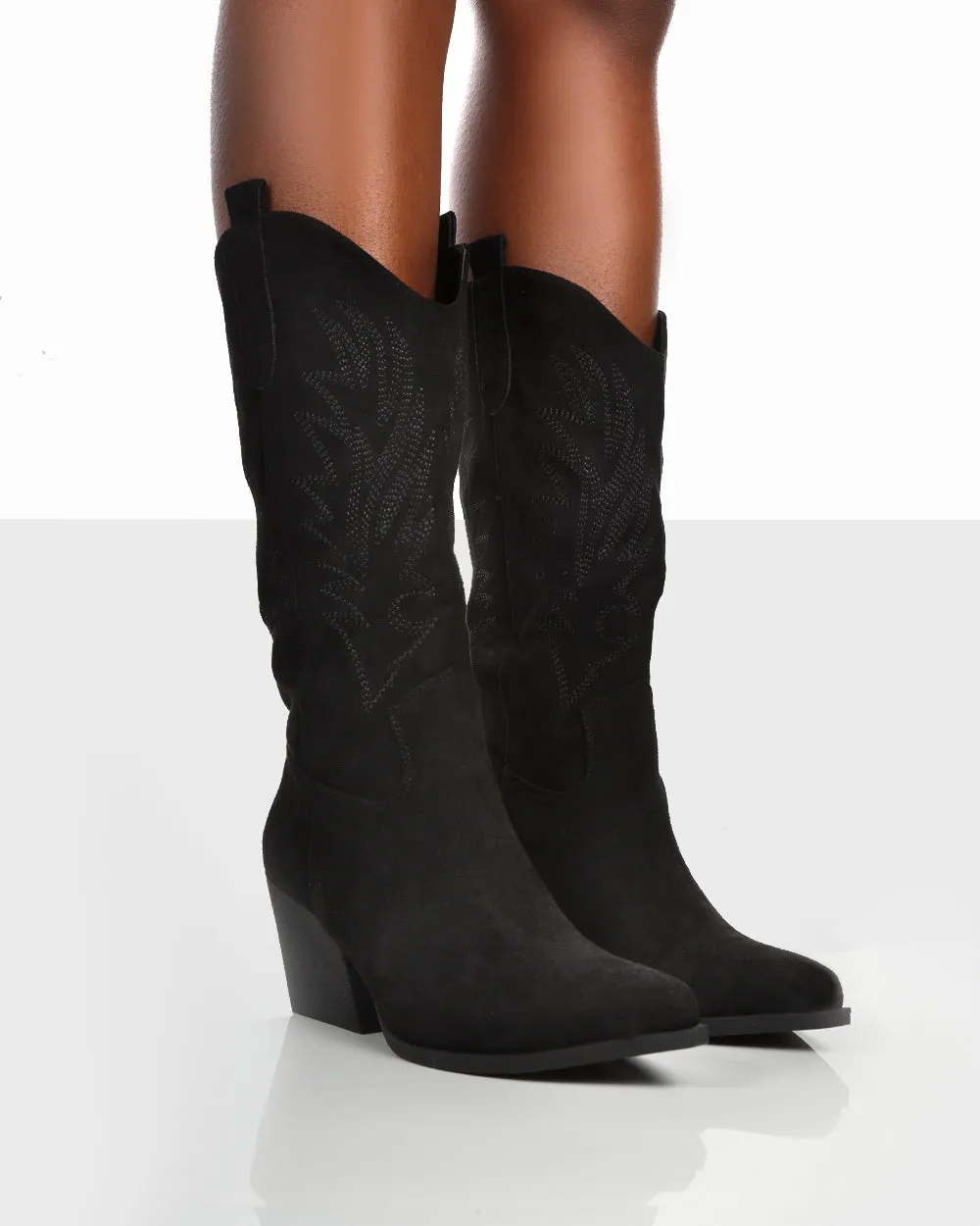 Arizona Black Faux Suede Western Embroidered Pointed Toe Knee High Cowboy Boots sold by Public Desire