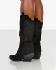 Arizona Black Faux Suede Western Embroidered Pointed Toe Knee High Cowboy Boots sold by Public Desire
