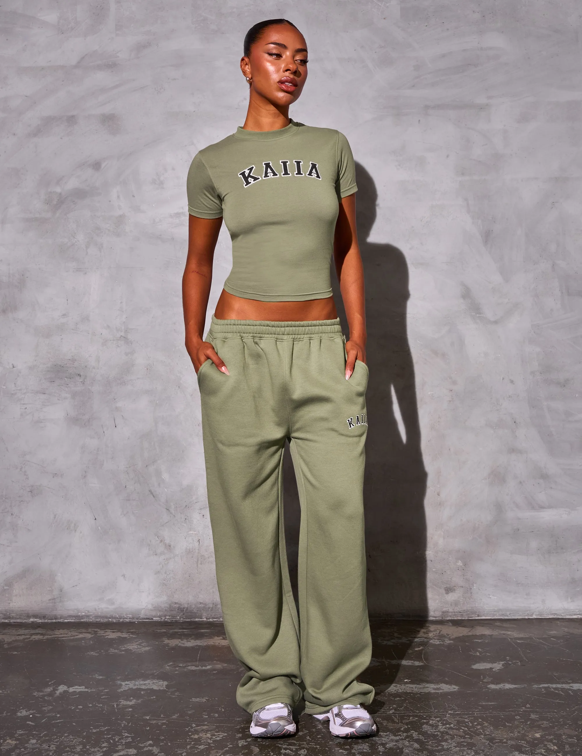Kaiia Logo Wide Leg Joggers Khaki sold by Public Desire