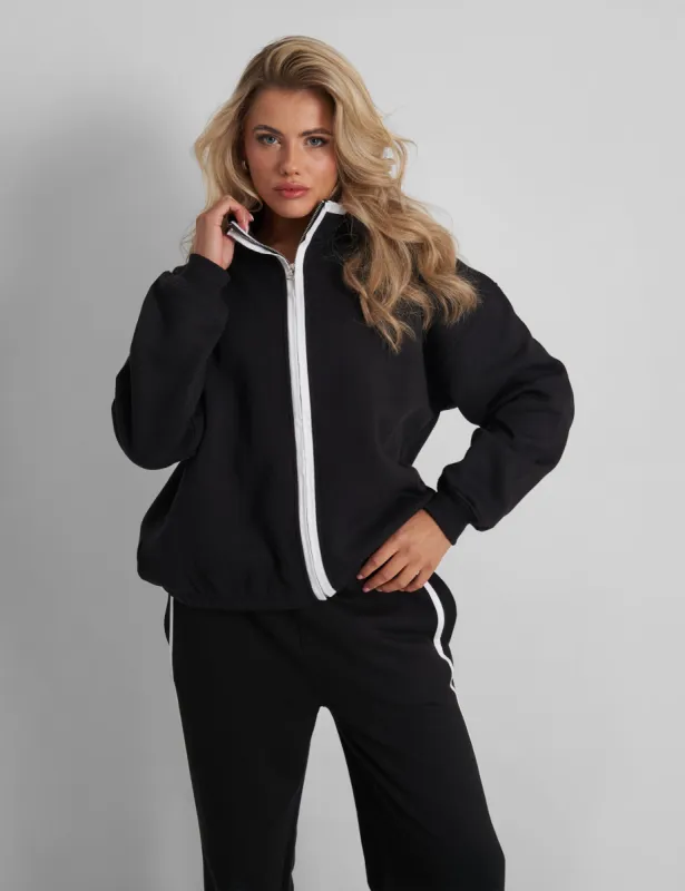Kaiia Contrast Piping Zip Up Sweatshirt Black White sold by Public Desire